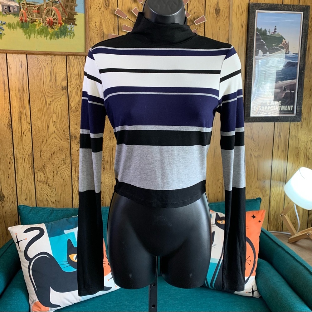 love, Fire Striped Mock Turtleneck Top - Black, White, Blue, Gray